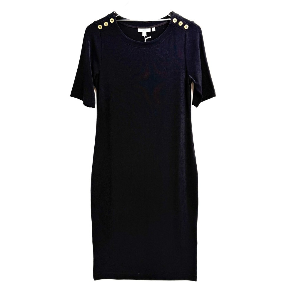 Chicos Travelers Sheath Dress Size M Stretch Slinky Button Detail Black